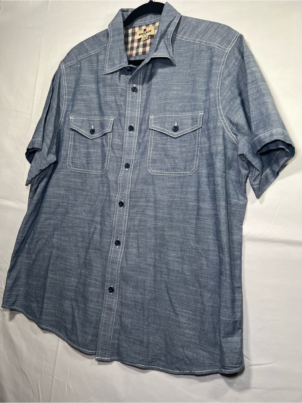 Woolrich Men’s Blue Chambray Short Sleeve Work Shirt XL 100% Cotton - Picture 3 of 9